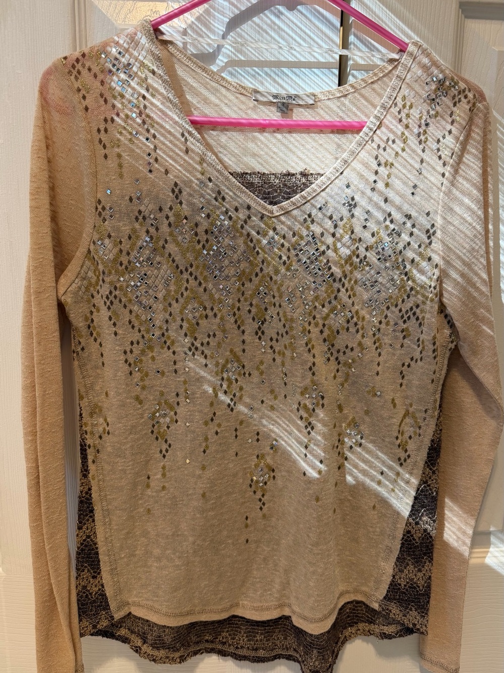 Miss Me Beige V-Neck Sweater with Gold and Silver Embellishments